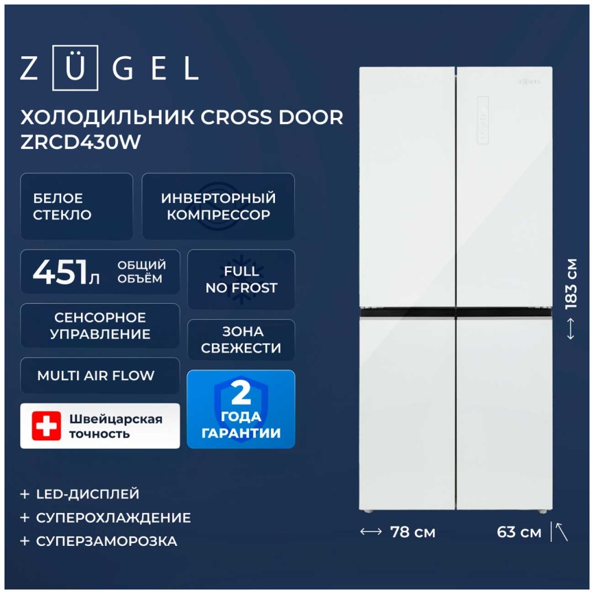 Многокамерный холодильник Zugel ZRCD430W No frost, белый фото 2