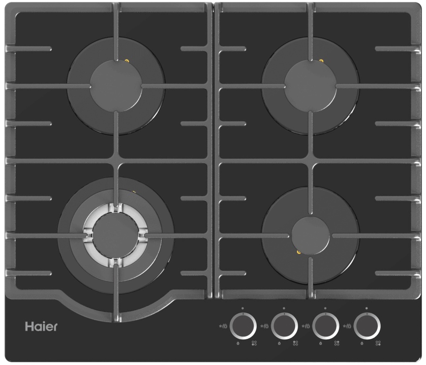 Газовая варочная панель Haier HHX-G64RFB 58 см, 4 конфорки электроподжиг газконтроль, черный фото 1