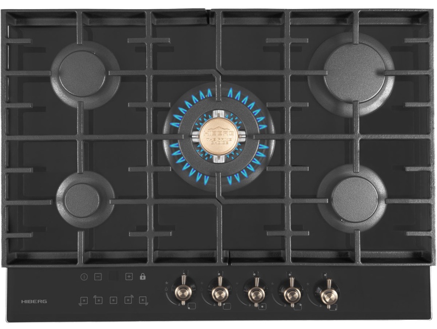 Газовая варочная панель Hiberg VM 7155 B 68 см, 5 конфорок электроподжиг газконтроль, черный фото 2