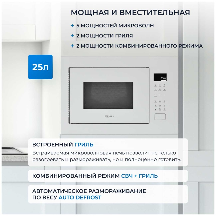 Встраиваемая микроволновая печь СВЧ Zugel ZMO251W белая фото 4