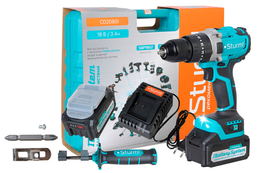 Дрель-шуруповерт аккумуляторная Sturm! CD2080I, 18В, 1BatterySystem, 80Нм, 2х3.0Ач, 5в1, доп. рук, кейс фото 9