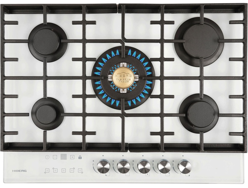 Газовая варочная панель Hiberg VM 7155 W 68 см, 5 конфорок электроподжиг газконтроль, белый фото 1