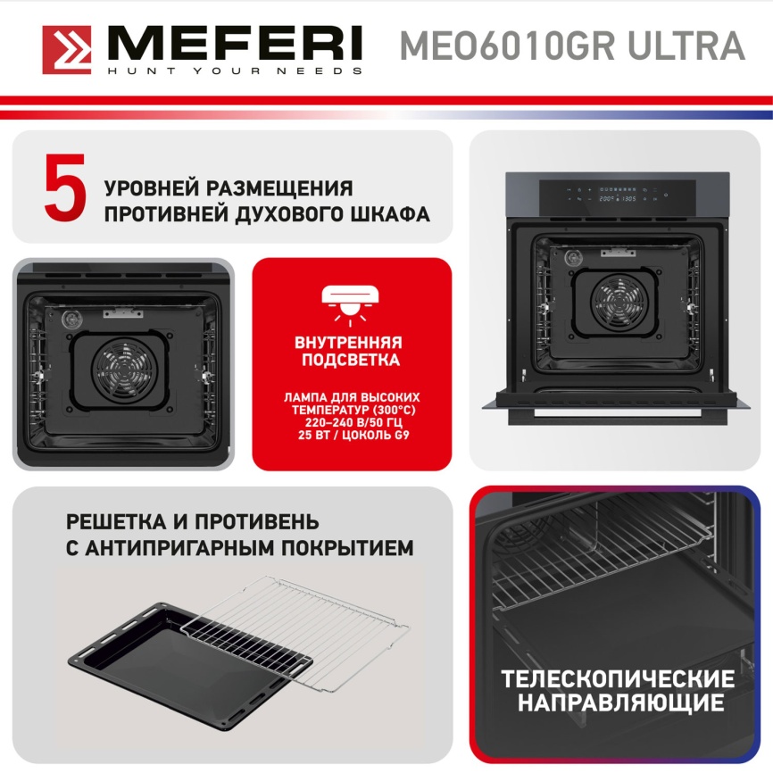 Электрический духовой шкаф Meferi MEO6010GR ULTRA 59 см, 65 л гриль конвекция, серый фото 20