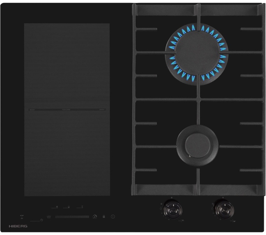 Комбинированная варочная панель Hiberg i-VM 6021 B 58 см, 4 конфорки электроподжиг газконтроль, черный фото 1