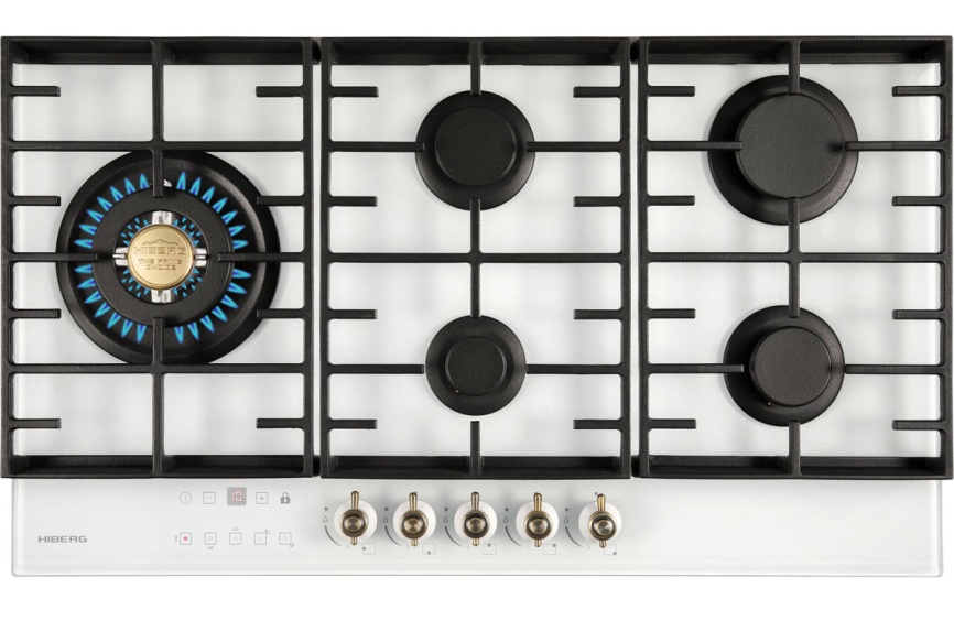 Газовая варочная панель Hiberg VM 9155 W 87 см, 5 конфорок, белый фото 2