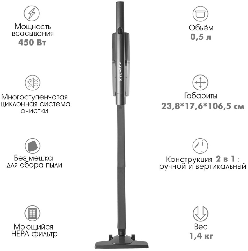 Пылесос вертикальный Tuarex TK-9011 90789 темно-серый фото 5
