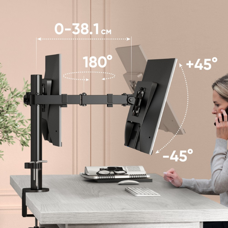 Кронштейн для 2-х мониторов ONKRON D221E BLACK фото 7