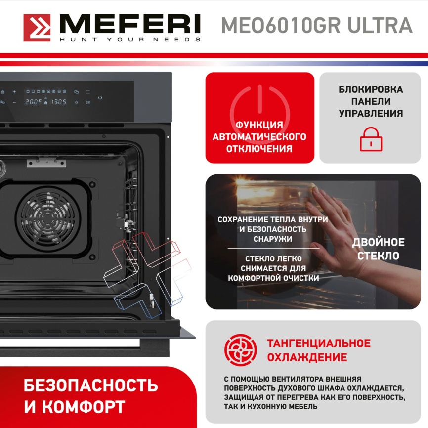 Электрический духовой шкаф Meferi MEO6010GR ULTRA 59 см, 65 л гриль конвекция, серый фото 21