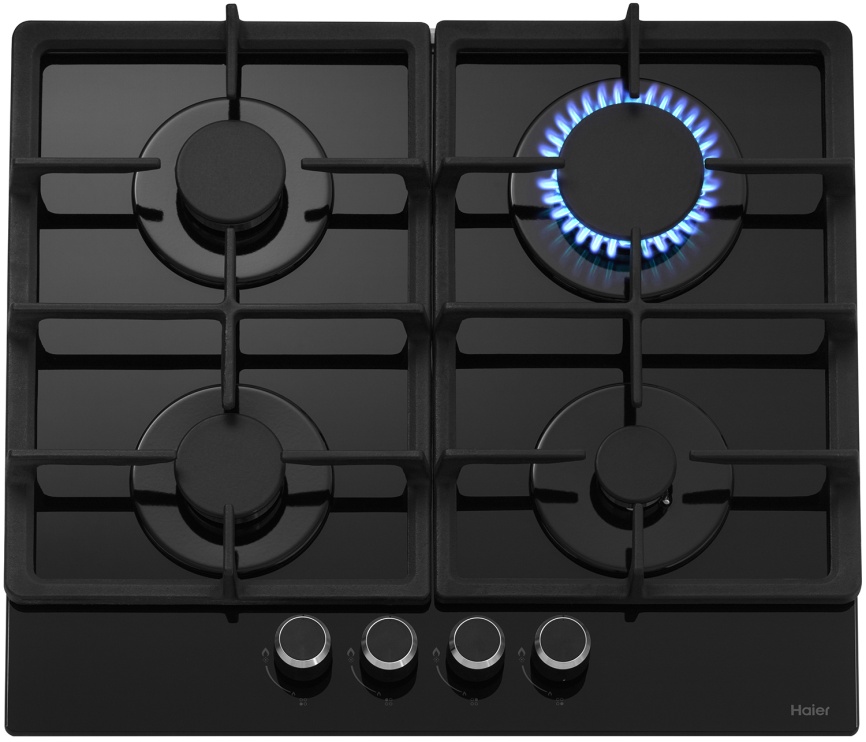 Газовая варочная панель Haier HHX-G 64 CNB 58 см, 4 конфорки электроподжиг, черный фото 1