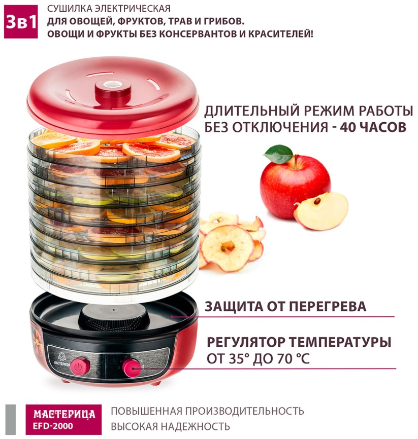 Сушилка для овощей 3 в 1 Мастерица с функциями приготовления йогурта и десертов EFD-2000, вишнево-черный фото 2