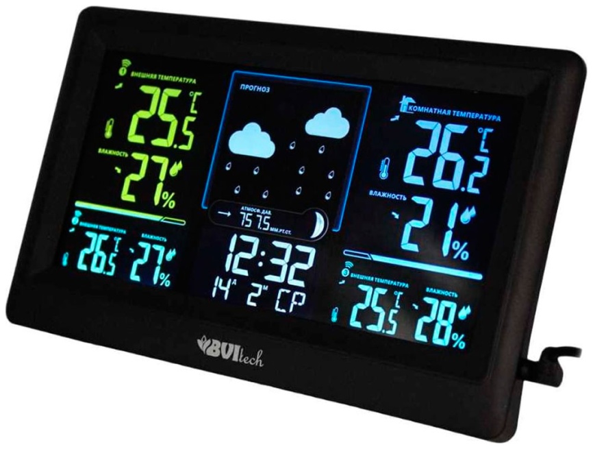Метеостанция BVItech BV-678, черная, с 3-мя беспроводными датчиками фото 1