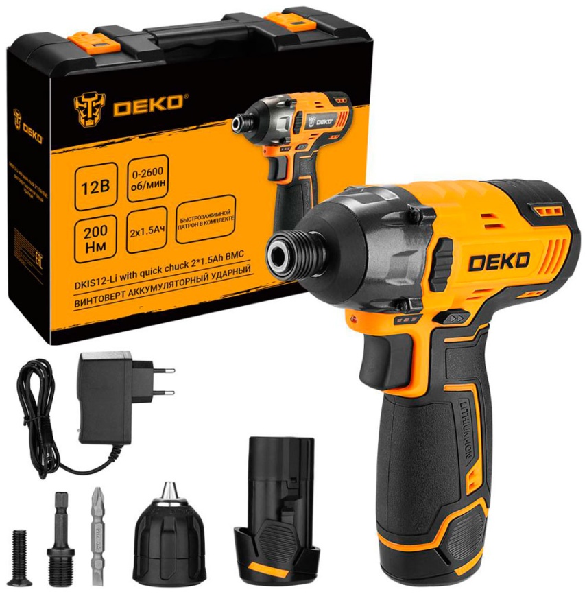 Винтоверт аккумуляторный ударный  Deko DKIS12-Li, с быстрозажимным патроном, 12В, 2*1.5 Ач, в кейсе, желто-черный фото 1