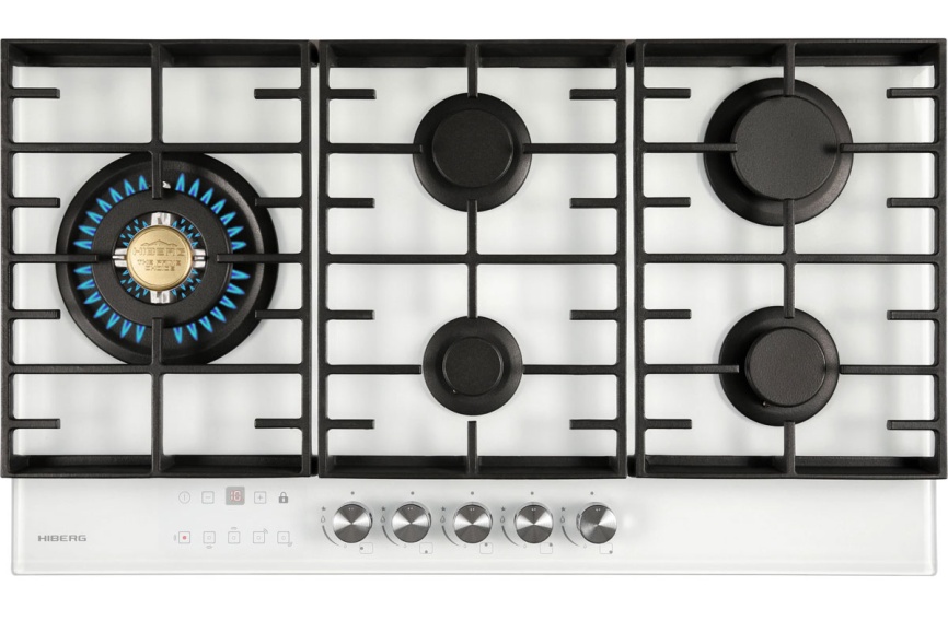 Газовая варочная панель Hiberg VM 9155 W 87 см, 5 конфорок, белый фото 1