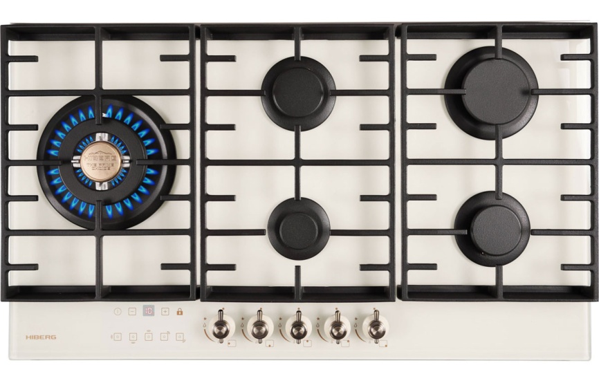 Газовая варочная панель Hiberg VM 9155 Y 87 см, 5 конфорок электроподжиг газконтроль, бежевый фото 1