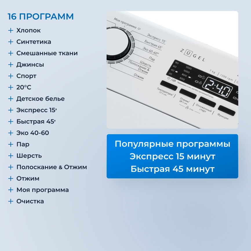 Стиральная машина Zugel ZWT712, LED-дисплей , загрузка 7 кг, белый фото 4