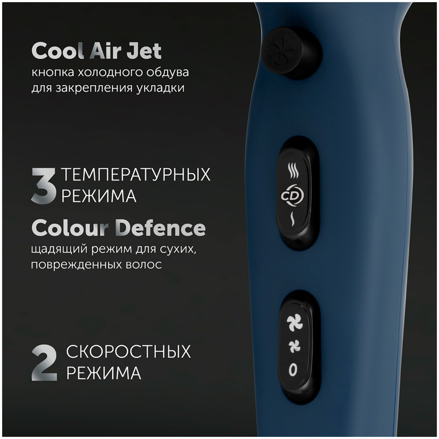 Фен Polaris PHD 2600ACi Salon Hair, 2600 Вт, диффузор, синий фото 9