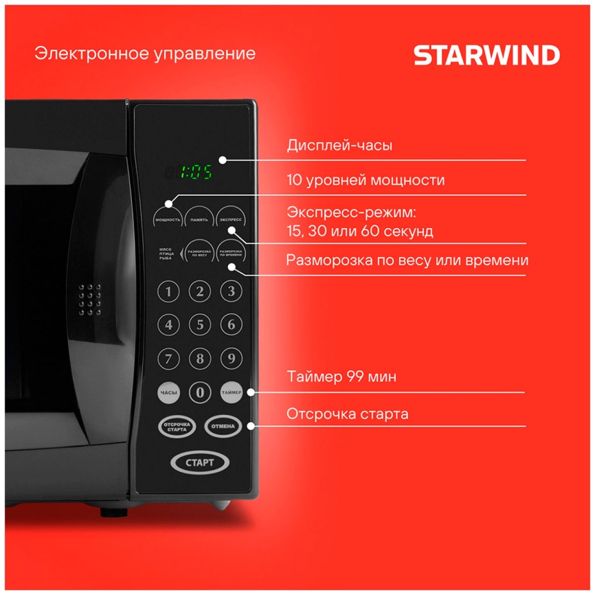Микроволновая печь - СВЧ Starwind SMW5020, 20 л, 700 Вт, черный фото 11