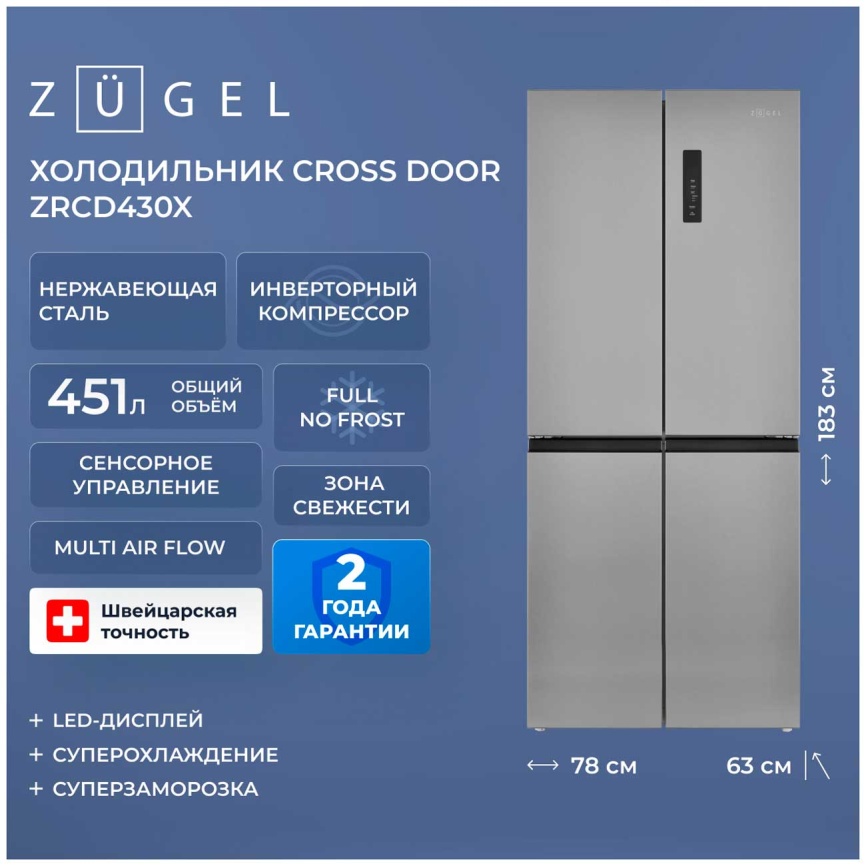 Многокамерный холодильник Zugel ZRCD430X No frost, серый металлик фото 2