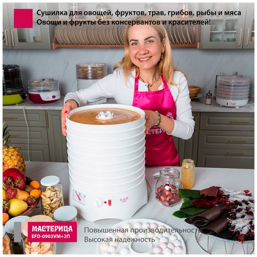 Сушилка для овощей и фруктов Мастерица EFD-0903VM + 2 поддона д/пастилы и лопатка фото 8