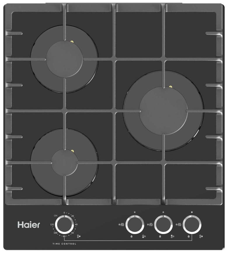 Газовая варочная панель Haier HHX-G53CNMB 45 см, 3 конфорки электроподжиг газконтроль, черный фото 1
